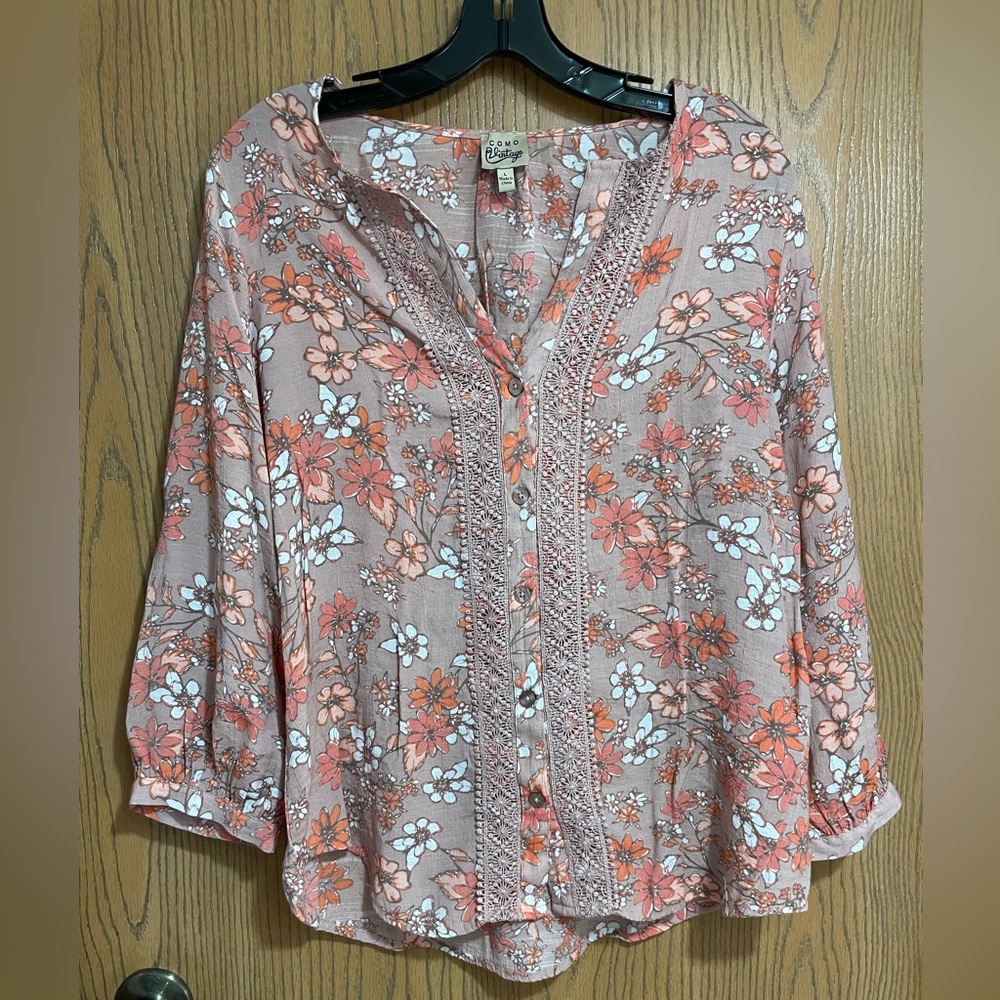 Lavender Blouse with Pink and Orange Floral Design and Lace Details